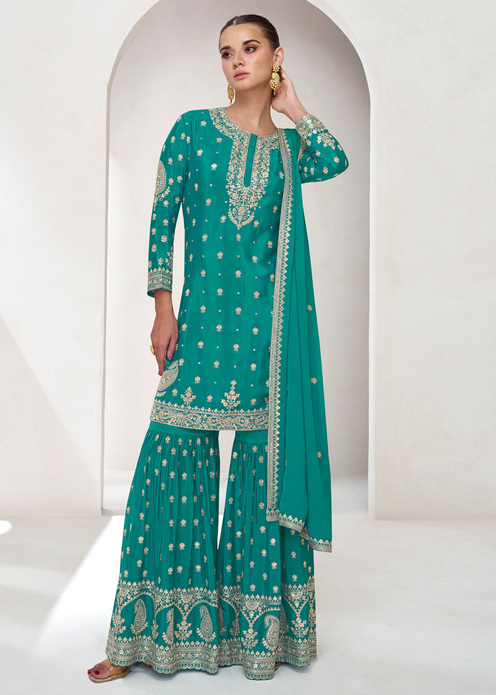 Shop Now Embroidered Chinnon Turquoise Wedding Gharara Style Suit Online at Empress Clothing in USA, UK, Canada, Italy & Worldwide. 