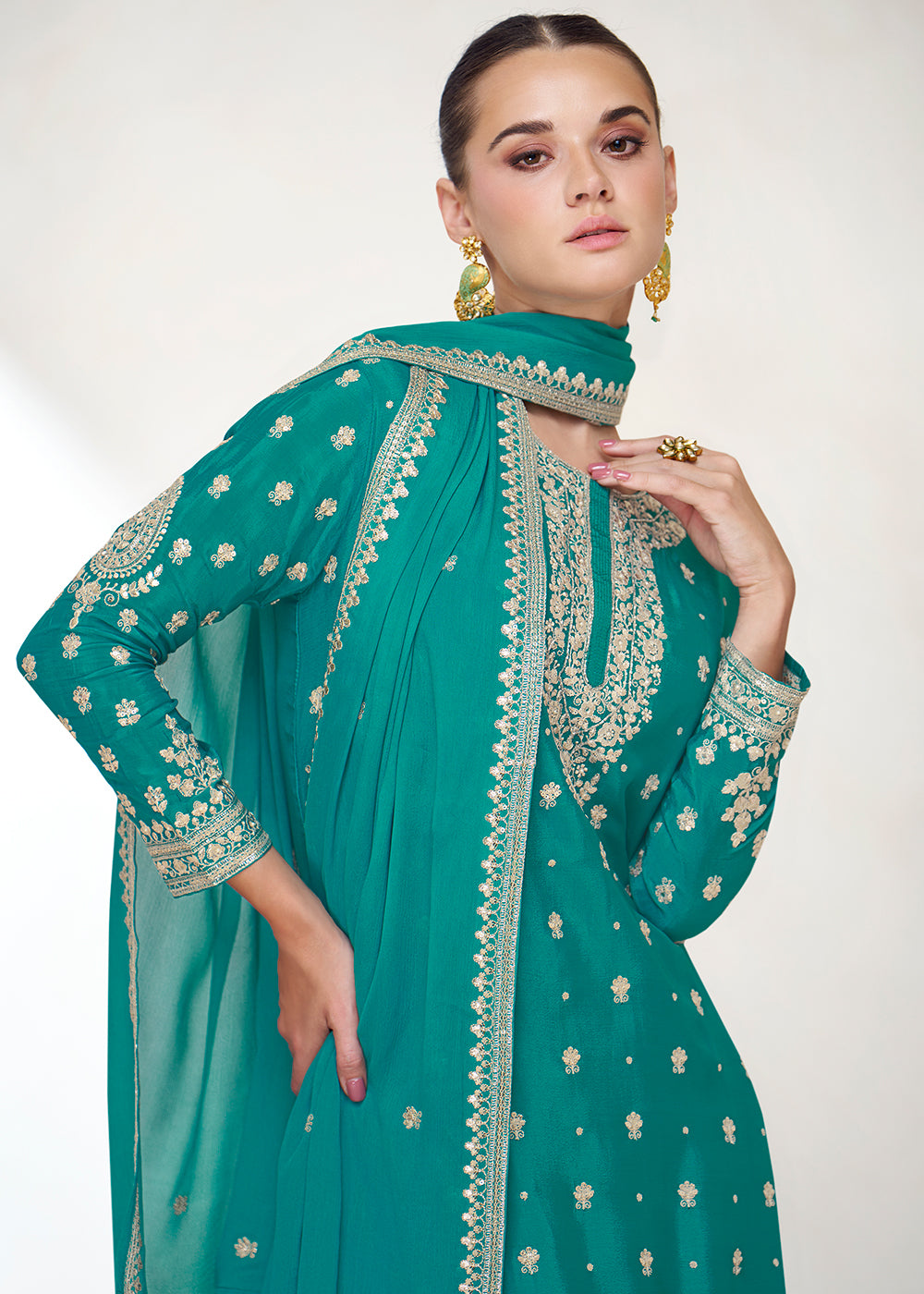 Shop Now Embroidered Chinnon Turquoise Wedding Gharara Style Suit Online at Empress Clothing in USA, UK, Canada, Italy & Worldwide. 