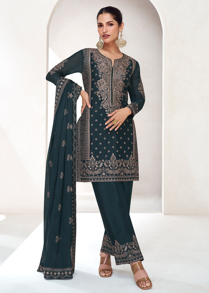 Buy Now  Embroidered Chinnon Prussian Blue Wedding Salwar Suit Online in USA, UK, Canada, Germany, Australia & Worldwide at Empress Clothing.