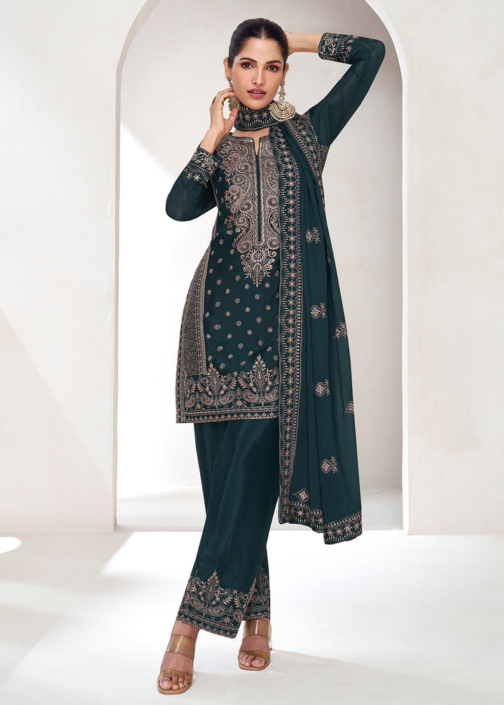 Buy Now  Embroidered Chinnon Prussian Blue Wedding Salwar Suit Online in USA, UK, Canada, Germany, Australia & Worldwide at Empress Clothing.