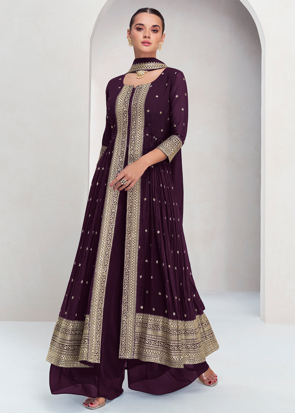 Buy Now Pretty Purple Georgette Embroidered Slit Style Palazzo Suit Online in USA, UK, Canada, Germany, Australia & Worldwide at Empress Clothing. 