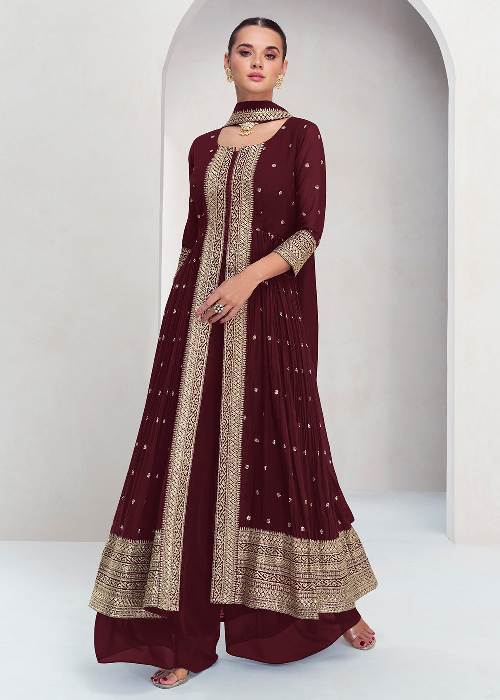 Buy Now Pretty Maroon Georgette Embroidered Slit Style Palazzo Suit Online in USA, UK, Canada, Germany, Australia & Worldwide at Empress Clothing. 