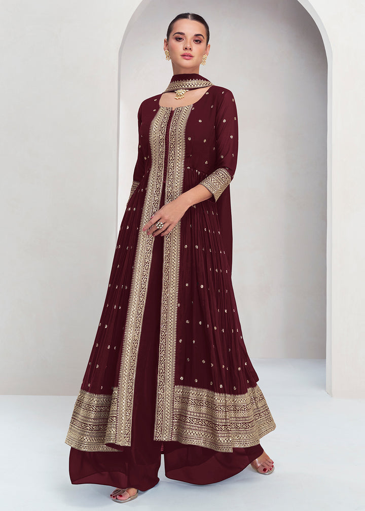 Buy Now Pretty Maroon Georgette Embroidered Slit Style Palazzo Suit Online in USA, UK, Canada, Germany, Australia & Worldwide at Empress Clothing. 