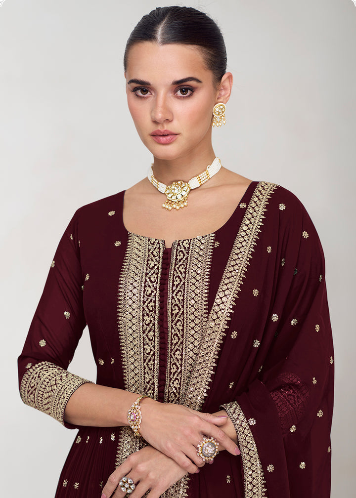 Buy Now Pretty Maroon Georgette Embroidered Slit Style Palazzo Suit Online in USA, UK, Canada, Germany, Australia & Worldwide at Empress Clothing. 