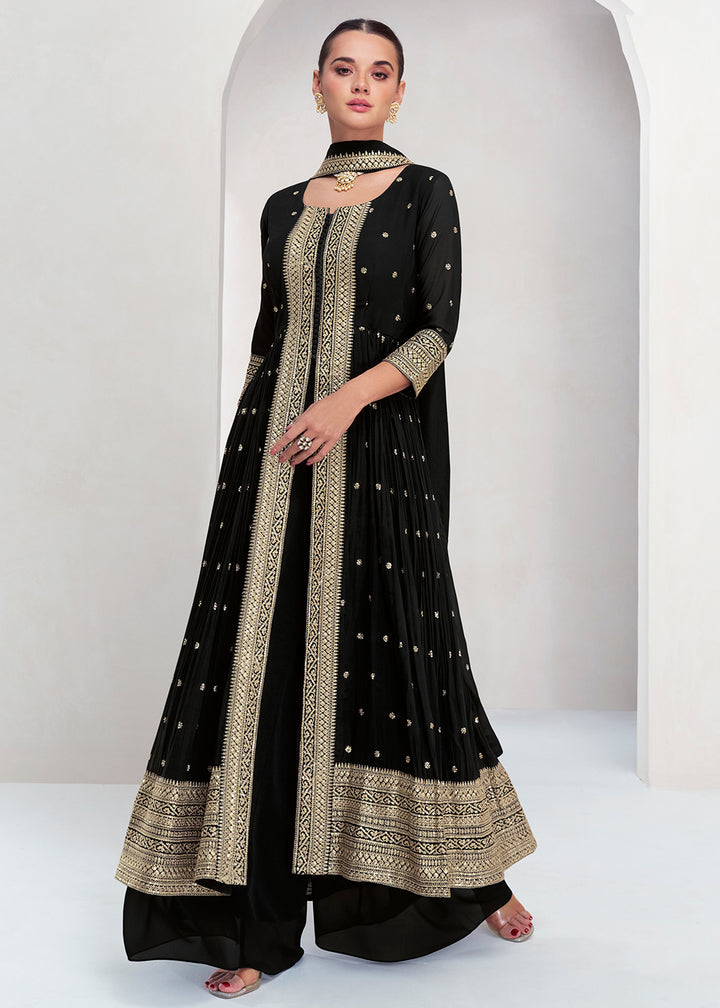 Buy Now Pretty Black Georgette Embroidered Slit Style Palazzo Suit Online in USA, UK, Canada, Germany, Australia & Worldwide at Empress Clothing.