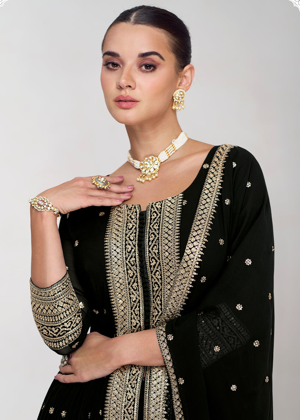 Buy Now Pretty Black Georgette Embroidered Slit Style Palazzo Suit Online in USA, UK, Canada, Germany, Australia & Worldwide at Empress Clothing.