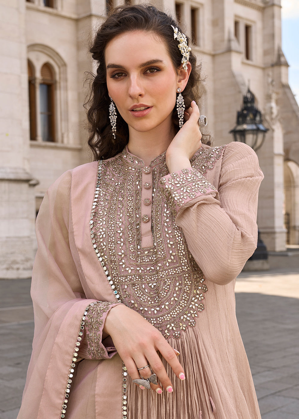 Buy Now Party Wear Brown Indo Western Designer Gown Online in US, UK, Canada, France, Italy, Sweden, Ireland, UAE, Denmark, Greece, UAE & Worldwide at Empress.