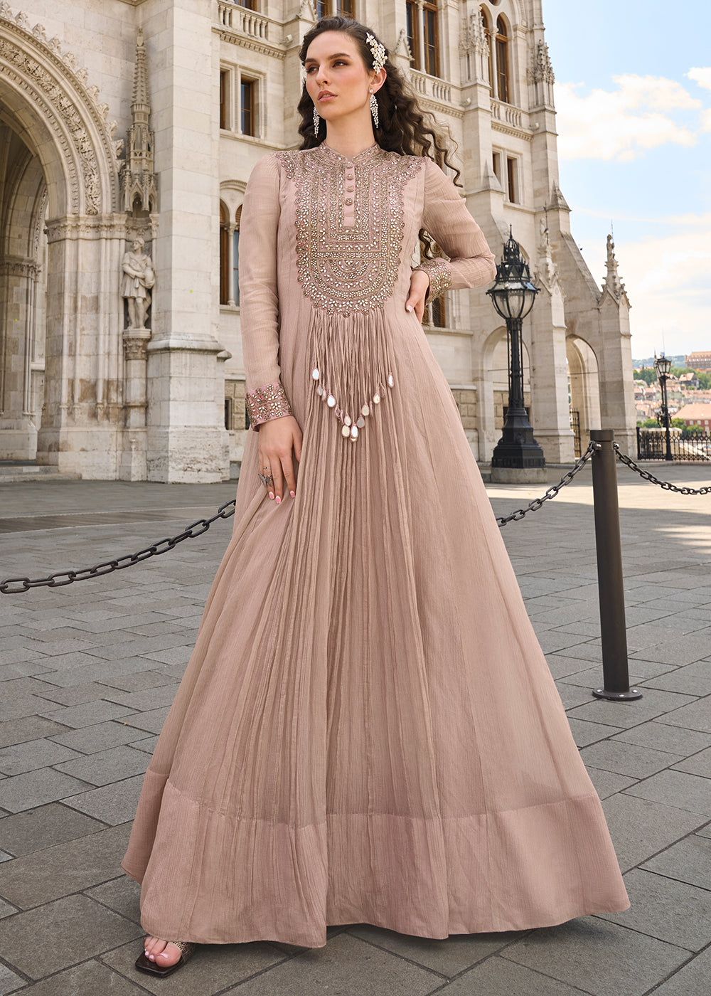 Buy Now Party Wear Brown Indo Western Designer Gown Online in US, UK, Canada, France, Italy, Sweden, Ireland, UAE, Denmark, Greece, UAE & Worldwide at Empress.