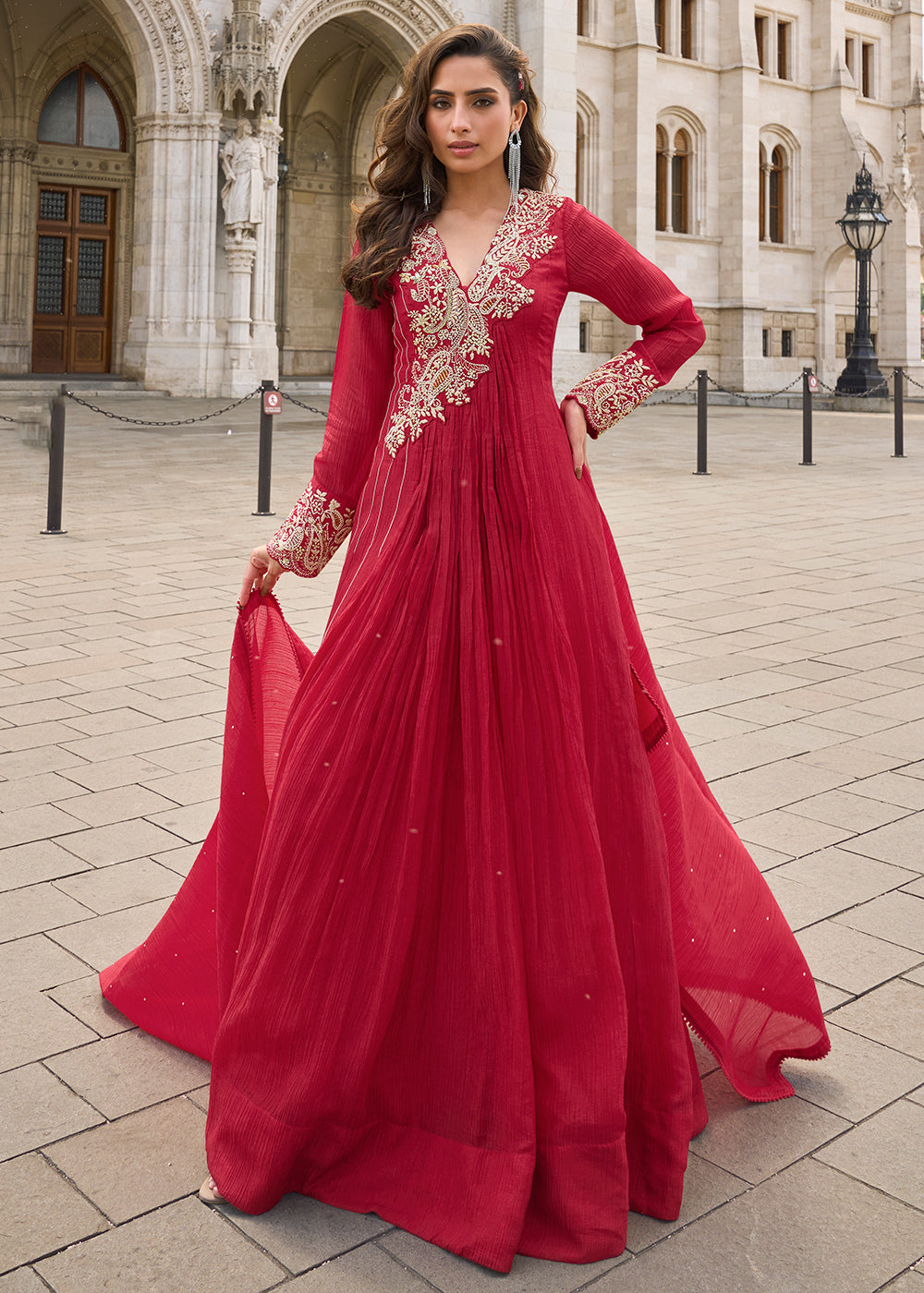 Buy Now Party Wear Red Indo Western Designer Gown Online in US, UK, Canada, France, Italy, Sweden, Ireland, UAE, Denmark, Greece, UAE & Worldwide at Empress.