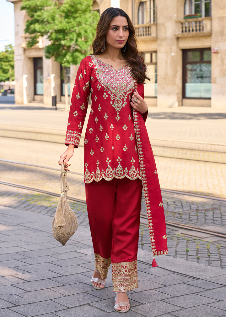 Buy Now Red Embroidered Shimmer Silk Festive Palazzo Suit Suit Online in US, UK, Canada, Germany, Italy, France, Austria, Denmark, UAE & Worldwide at Empress.