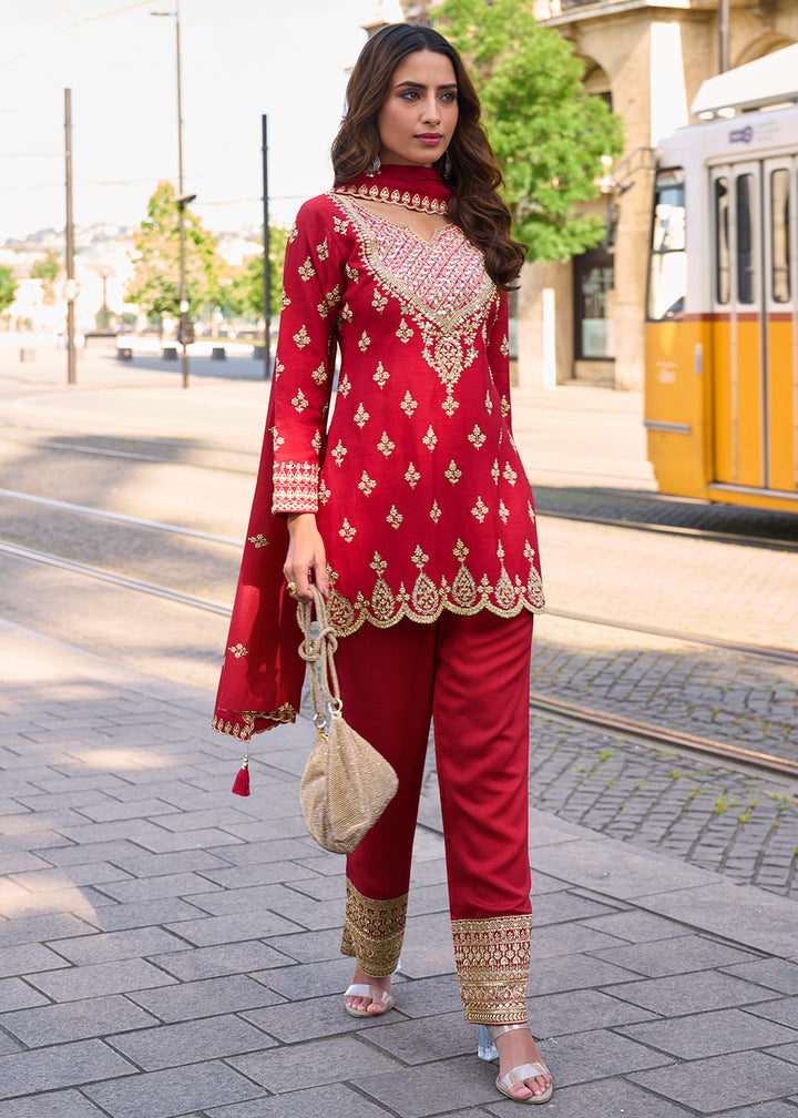 Buy Now Red Embroidered Shimmer Silk Festive Palazzo Suit Suit Online in US, UK, Canada, Germany, Italy, France, Austria, Denmark, UAE & Worldwide at Empress.