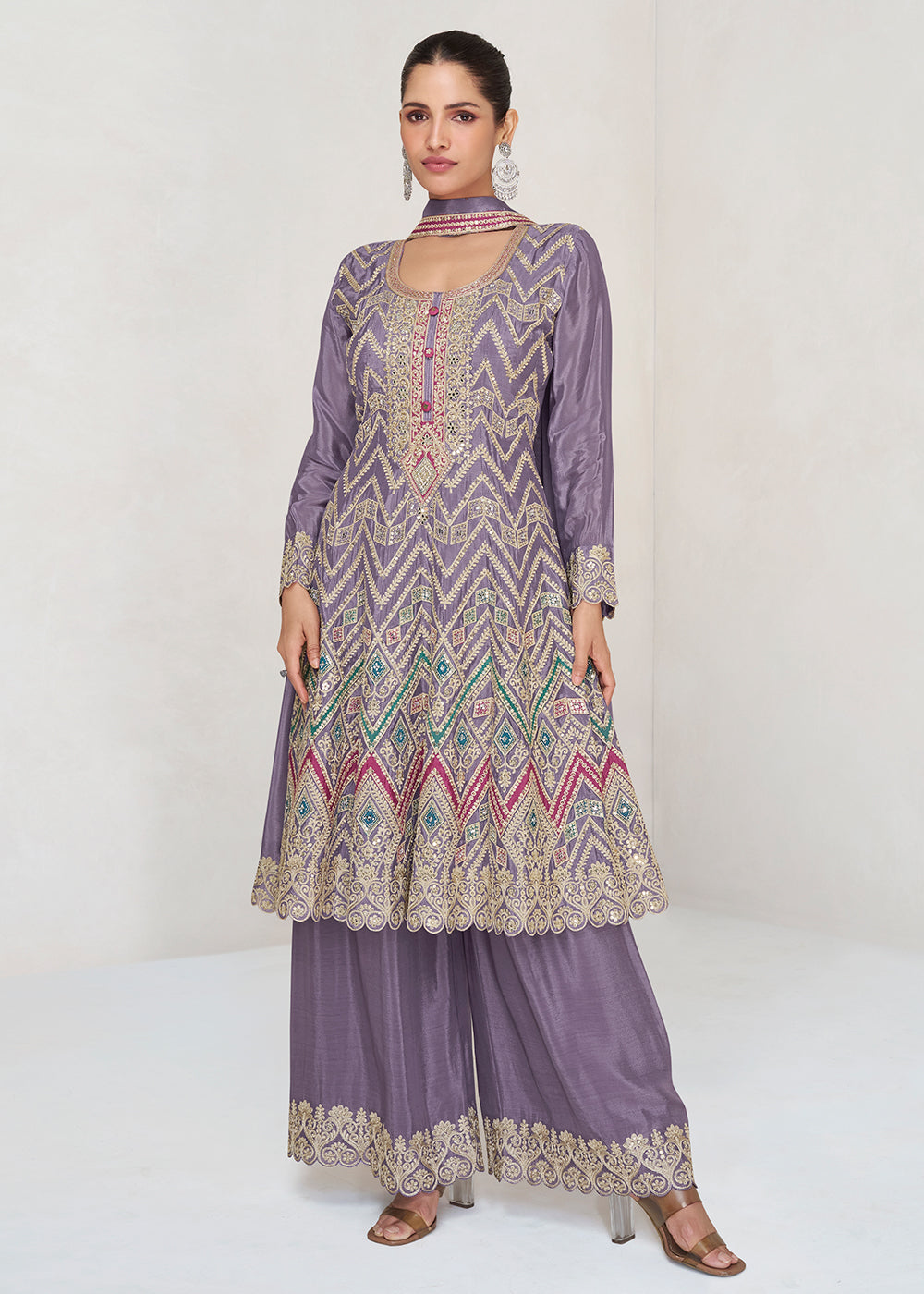 Buy Now Multi Embroidered Purple Chinnon Palazzo Style Suit Online in USA, UK, Canada, Germany, Australia & Worldwide at Empress Clothing. 