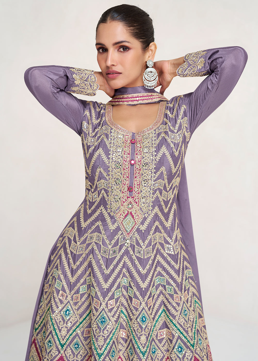 Buy Now Multi Embroidered Purple Chinnon Palazzo Style Suit Online in USA, UK, Canada, Germany, Australia & Worldwide at Empress Clothing. 