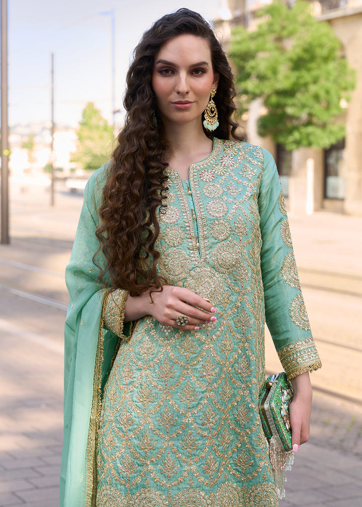Buy Now Green Embroidered Shimmer Silk Festive Palazzo Suit Suit Online in US, UK, Canada, Germany, Italy, France, Austria, Denmark, UAE & Worldwide at Empress.