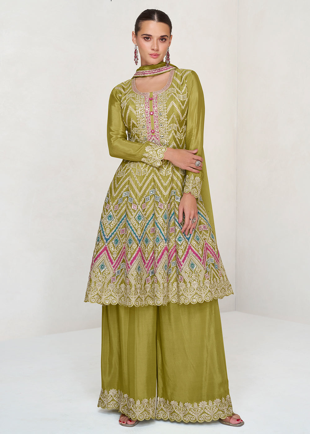 Buy Now Multi Embroidered Lime Green Chinnon Palazzo Style Suit Online in USA, UK, Canada, Germany, Australia & Worldwide at Empress Clothing.