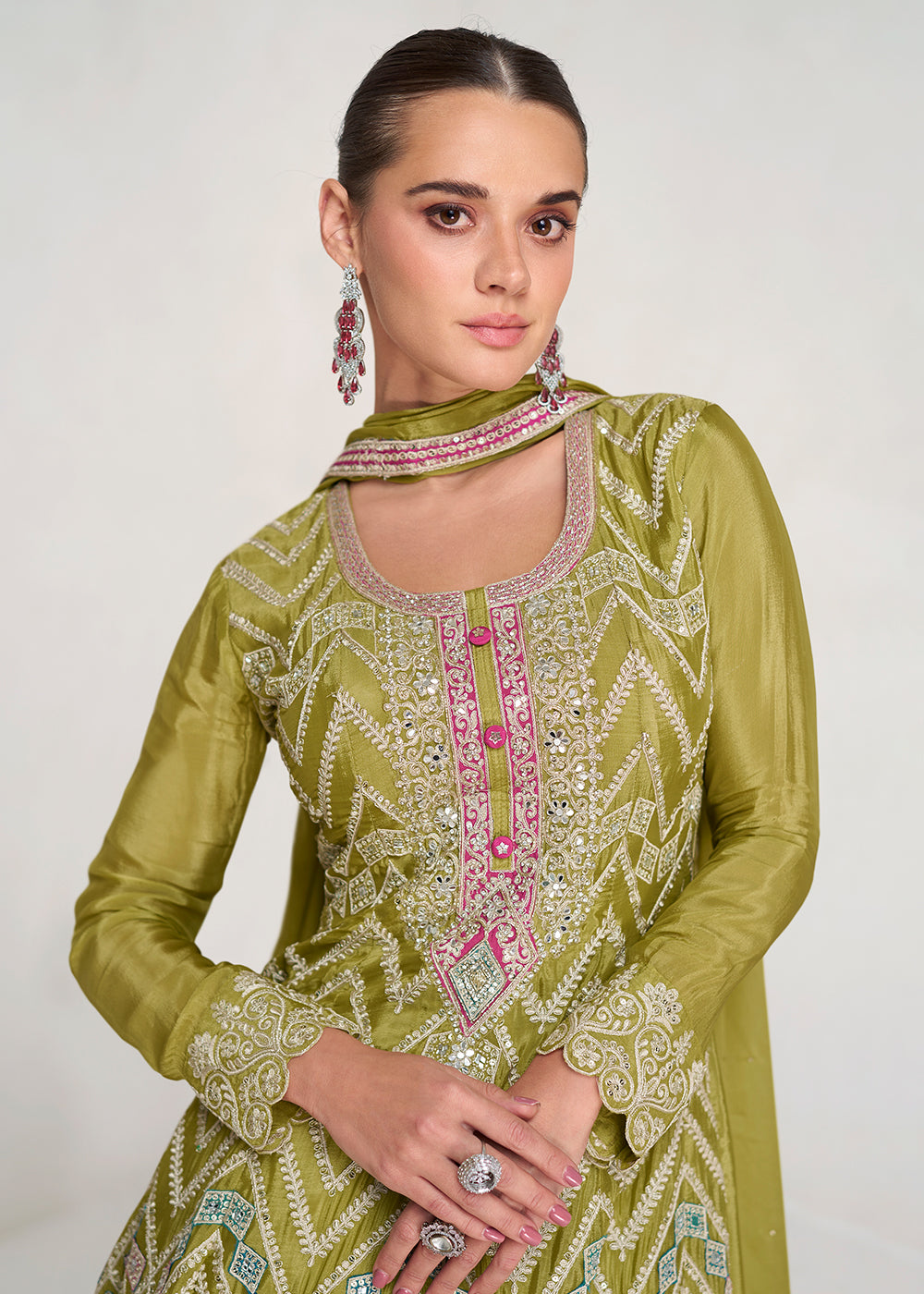 Buy Now Multi Embroidered Lime Green Chinnon Palazzo Style Suit Online in USA, UK, Canada, Germany, Australia & Worldwide at Empress Clothing.