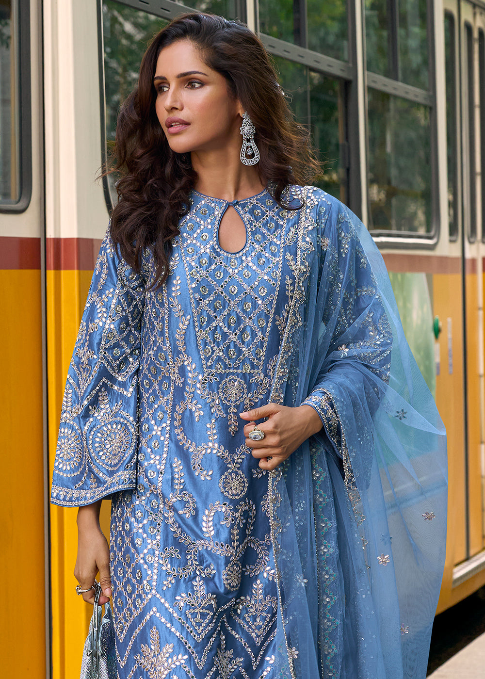Buy Now Blue Embroidered Shimmer Silk Festive Palazzo Suit Suit Online in US, UK, Canada, Germany, Italy, France, Austria, Denmark, UAE & Worldwide at Empress.