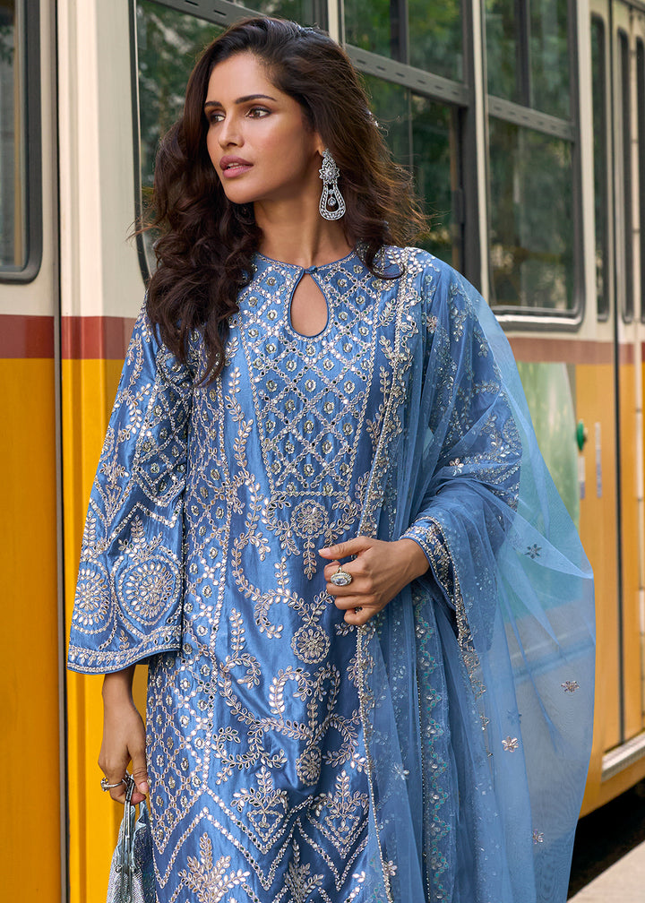 Buy Now Blue Embroidered Shimmer Silk Festive Palazzo Suit Suit Online in US, UK, Canada, Germany, Italy, France, Austria, Denmark, UAE & Worldwide at Empress.