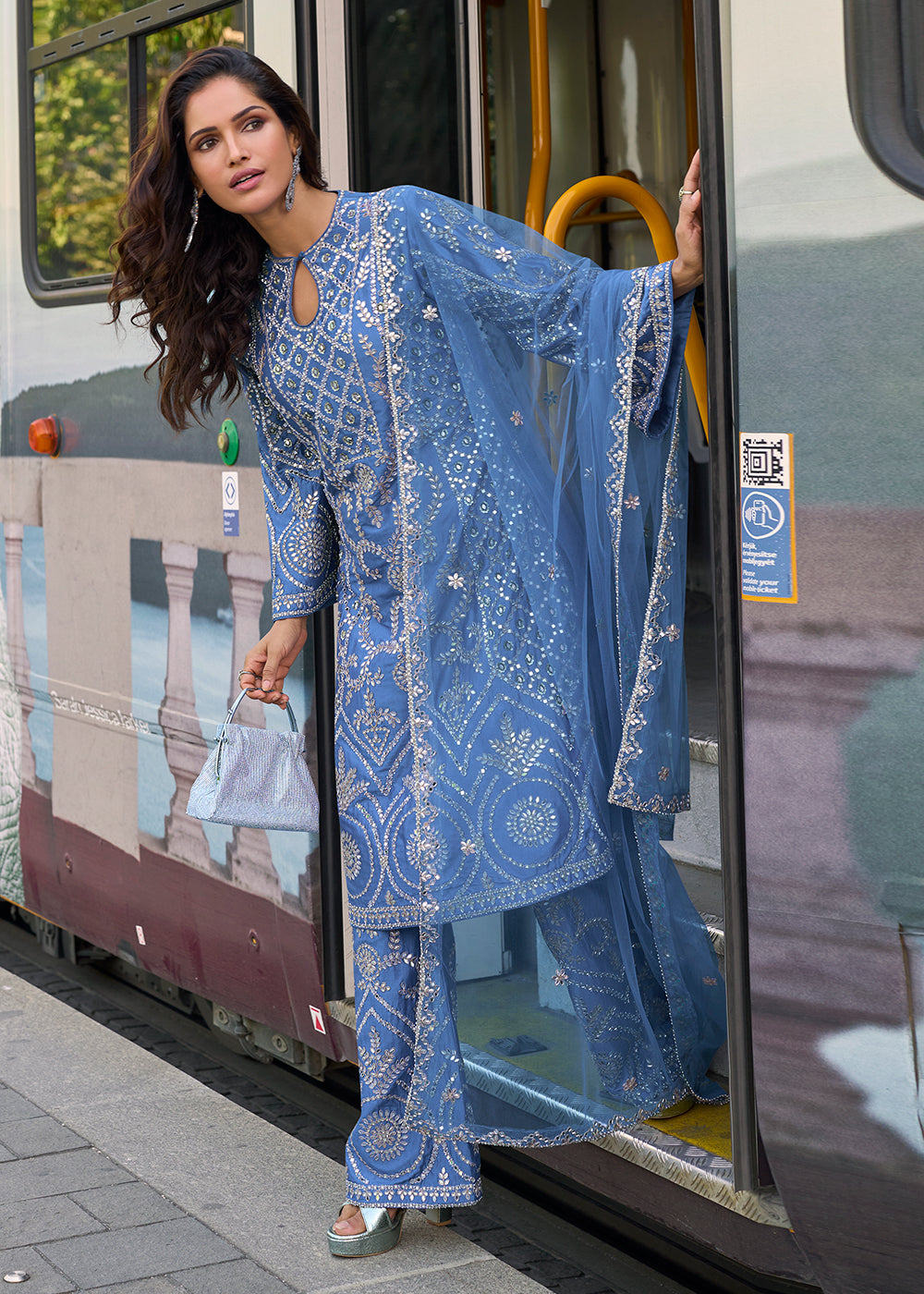 Buy Now Blue Embroidered Shimmer Silk Festive Palazzo Suit Suit Online in US, UK, Canada, Germany, Italy, France, Austria, Denmark, UAE & Worldwide at Empress.