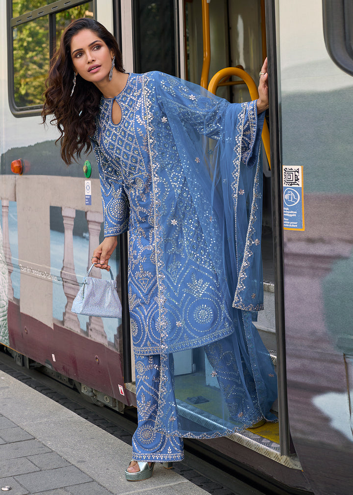 Buy Now Blue Embroidered Shimmer Silk Festive Palazzo Suit Suit Online in US, UK, Canada, Germany, Italy, France, Austria, Denmark, UAE & Worldwide at Empress.
