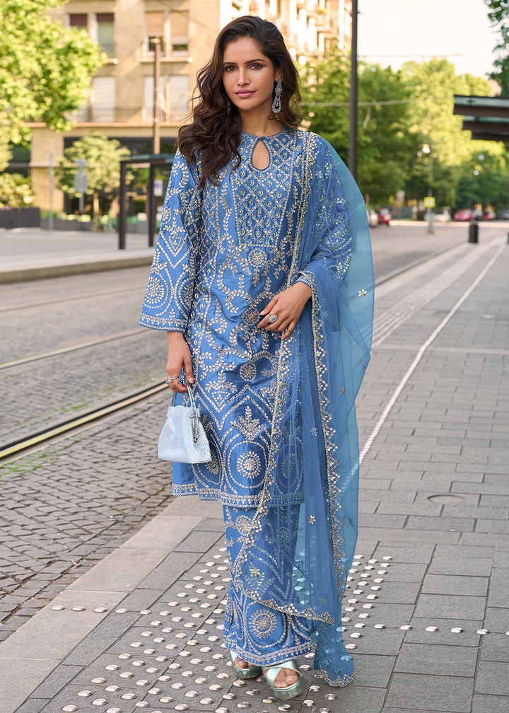 Buy Now Blue Embroidered Shimmer Silk Festive Palazzo Suit Suit Online in US, UK, Canada, Germany, Italy, France, Austria, Denmark, UAE & Worldwide at Empress.