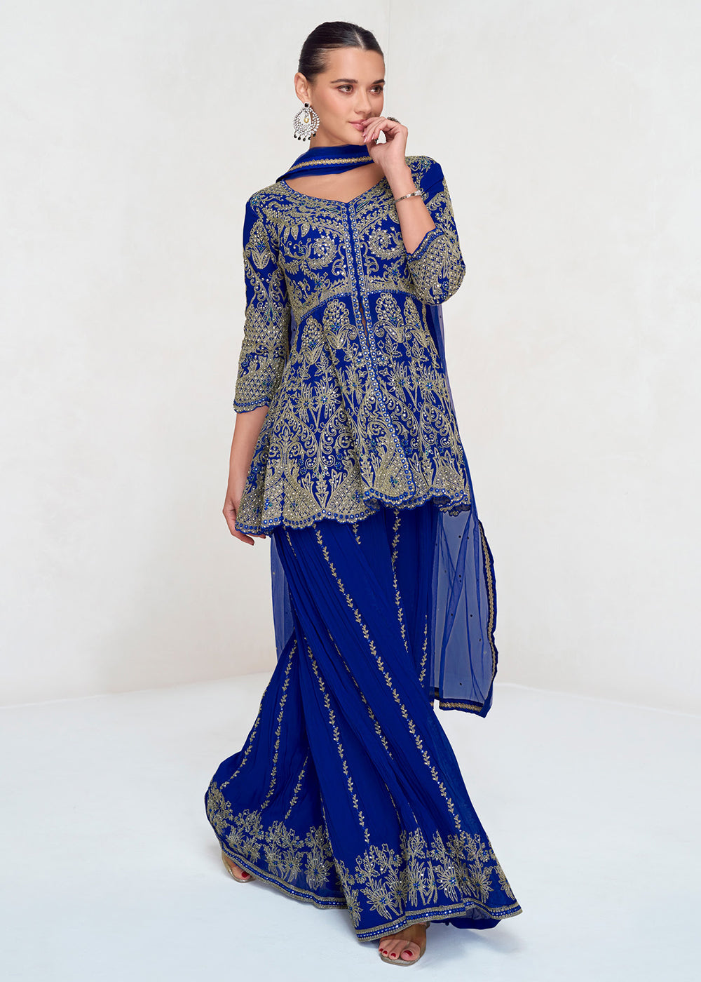 Shop Now Royal Blue Designer Embroidered Wedding Sharara Suit Online at Empress Clothing in USA, UK, Canada, Germany, Australia & Worldwide.