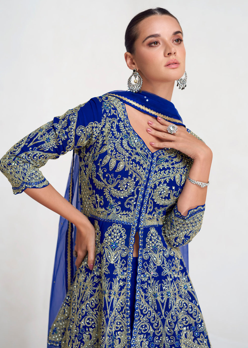 Shop Now Royal Blue Designer Embroidered Wedding Sharara Suit Online at Empress Clothing in USA, UK, Canada, Germany, Australia & Worldwide.