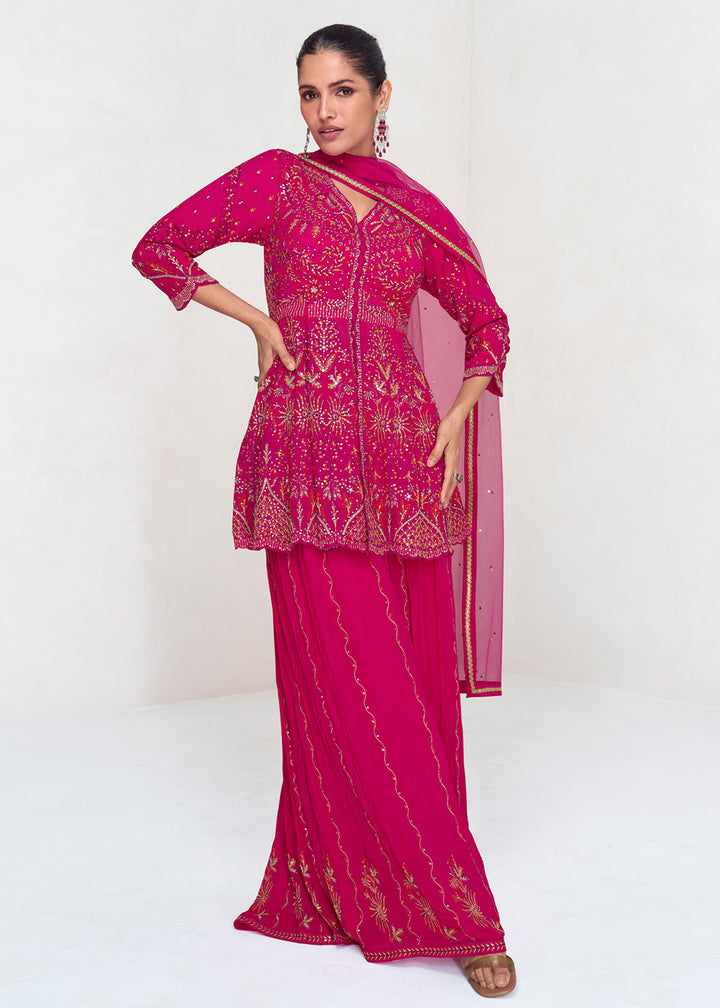 Shop Now Rani Pink Designer Embroidered Wedding Sharara Suit Online at Empress Clothing in USA, UK, Canada, Germany, Australia & Worldwide. 