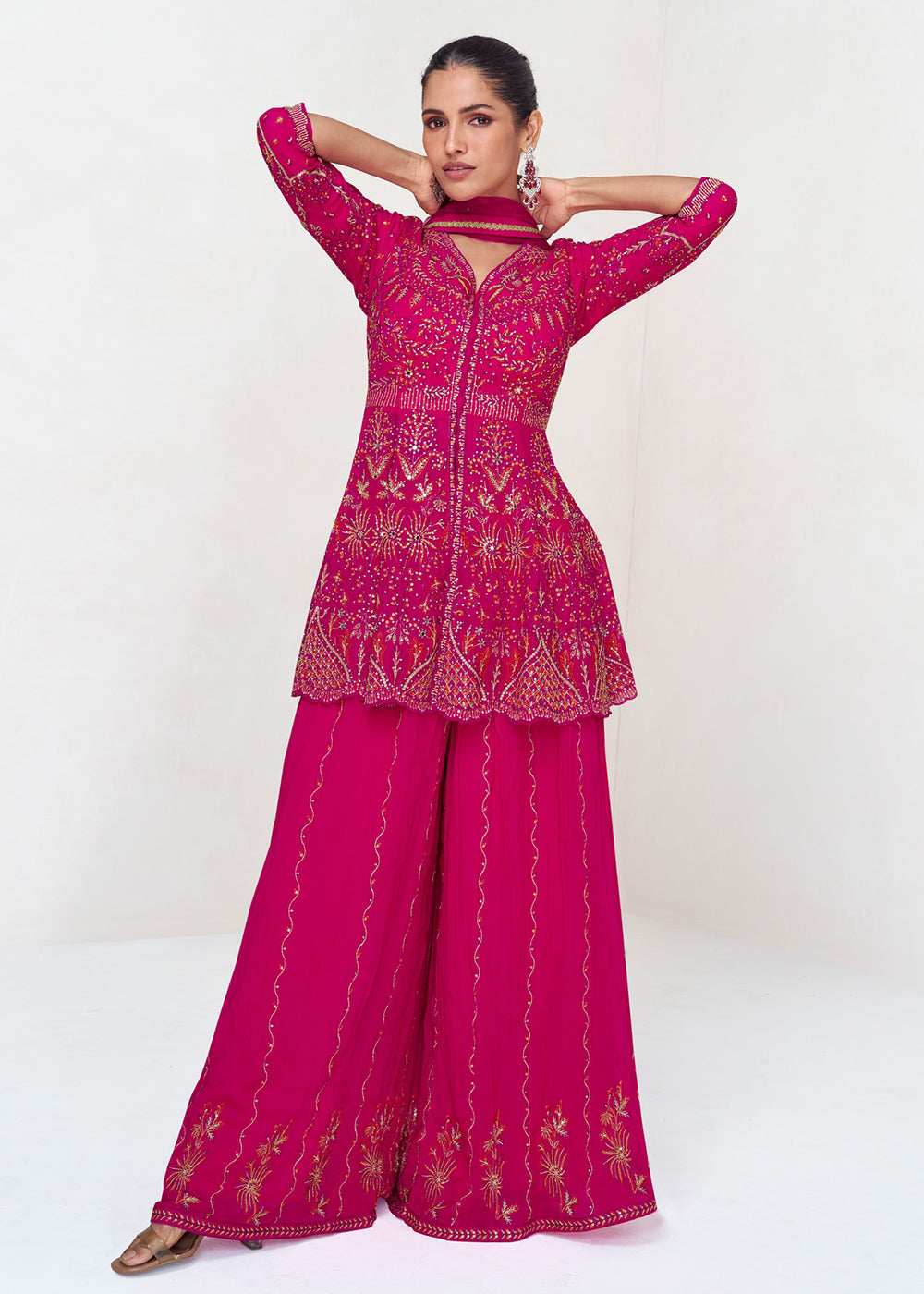 Shop Now Rani Pink Designer Embroidered Wedding Sharara Suit Online at Empress Clothing in USA, UK, Canada, Germany, Australia & Worldwide. 