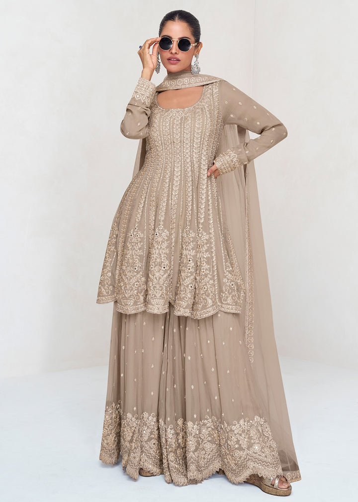 Shop Now Beige Designer Embroidered Wedding Sharara Suit Online at Empress Clothing in USA, UK, Canada, Germany, Australia & Worldwide. 