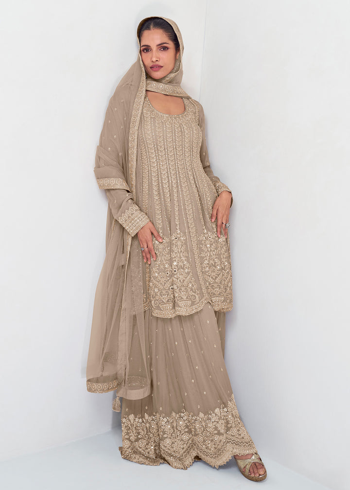 Shop Now Beige Designer Embroidered Wedding Sharara Suit Online at Empress Clothing in USA, UK, Canada, Germany, Australia & Worldwide. 