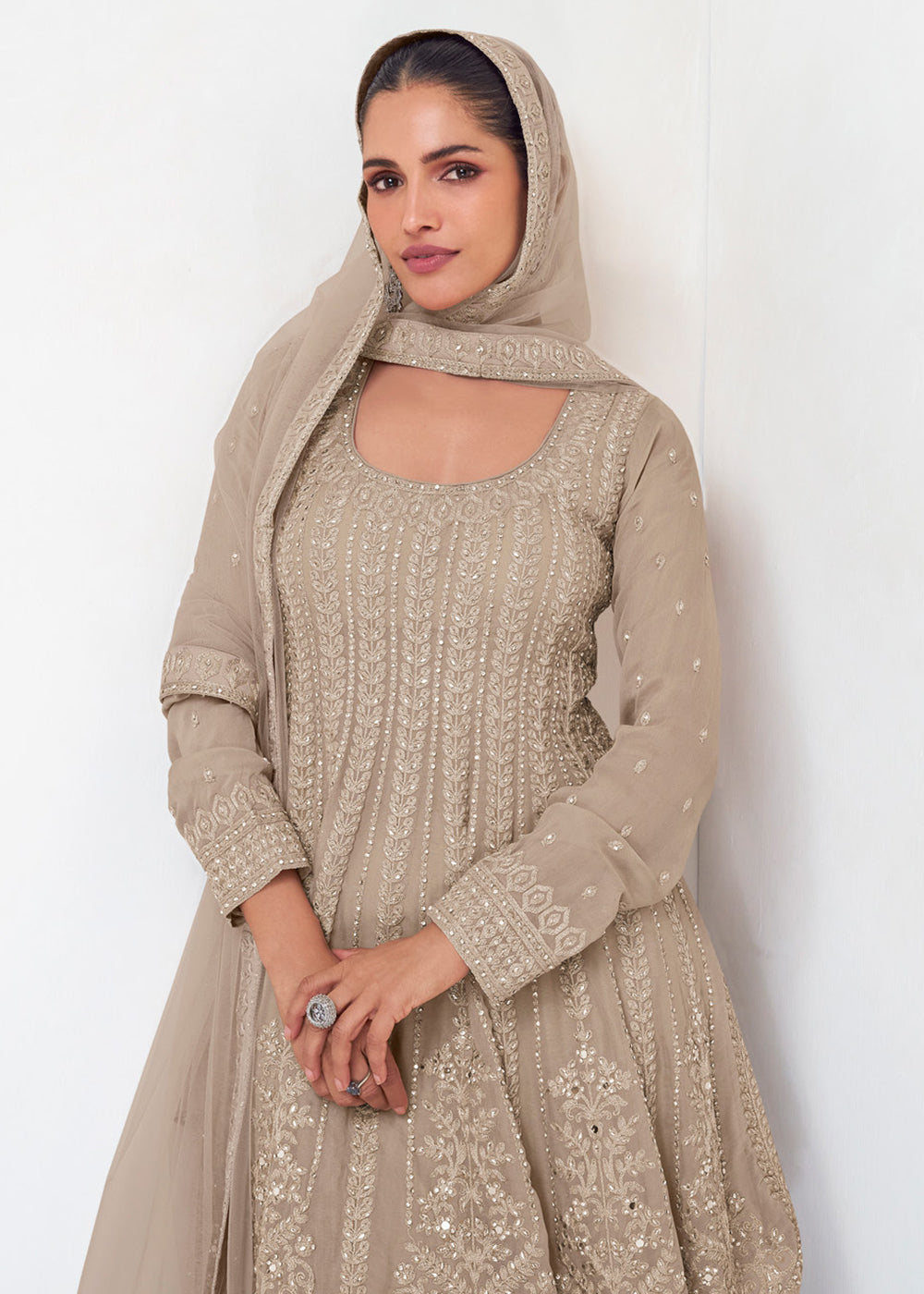 Shop Now Beige Designer Embroidered Wedding Sharara Suit Online at Empress Clothing in USA, UK, Canada, Germany, Australia & Worldwide. 