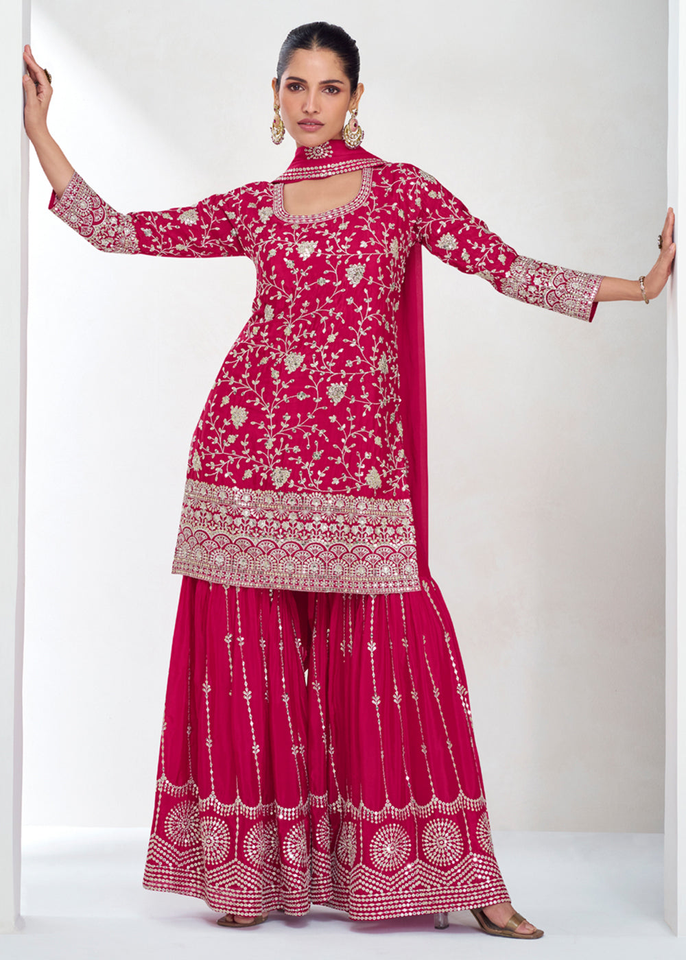 Shop Now Designer Rani Pink Embroidered Festive Gharara Suit Online at Empress Clothing in USA, UK, Canada, Germany, Australia & Worldwide.