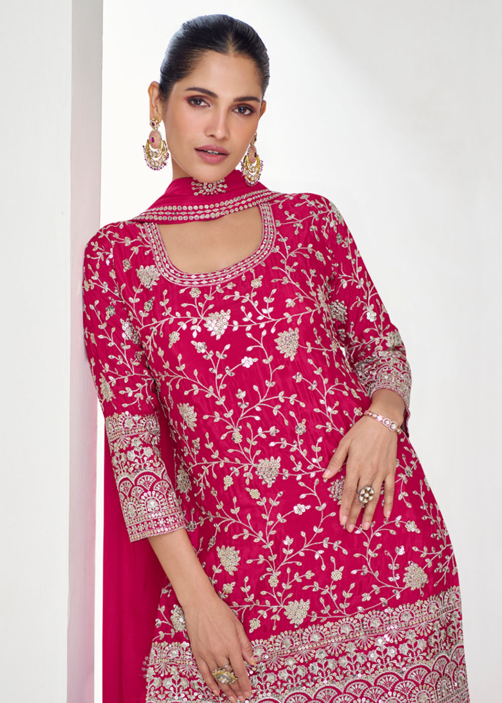 Shop Now Designer Rani Pink Embroidered Festive Gharara Suit Online at Empress Clothing in USA, UK, Canada, Germany, Australia & Worldwide.