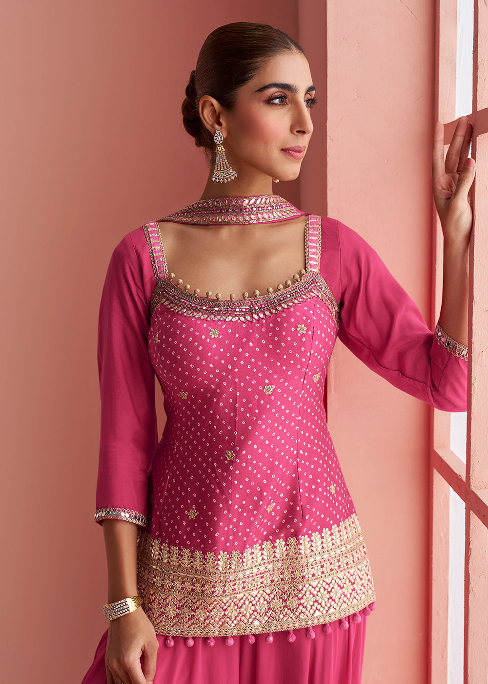 Buy Now Hot Pink Short Shirt Style Trendy Palazzo Suit Online in US, UK, Canada, Germany, Italy, France, Austria, Denmark, Australia & Worldwide at Empress.