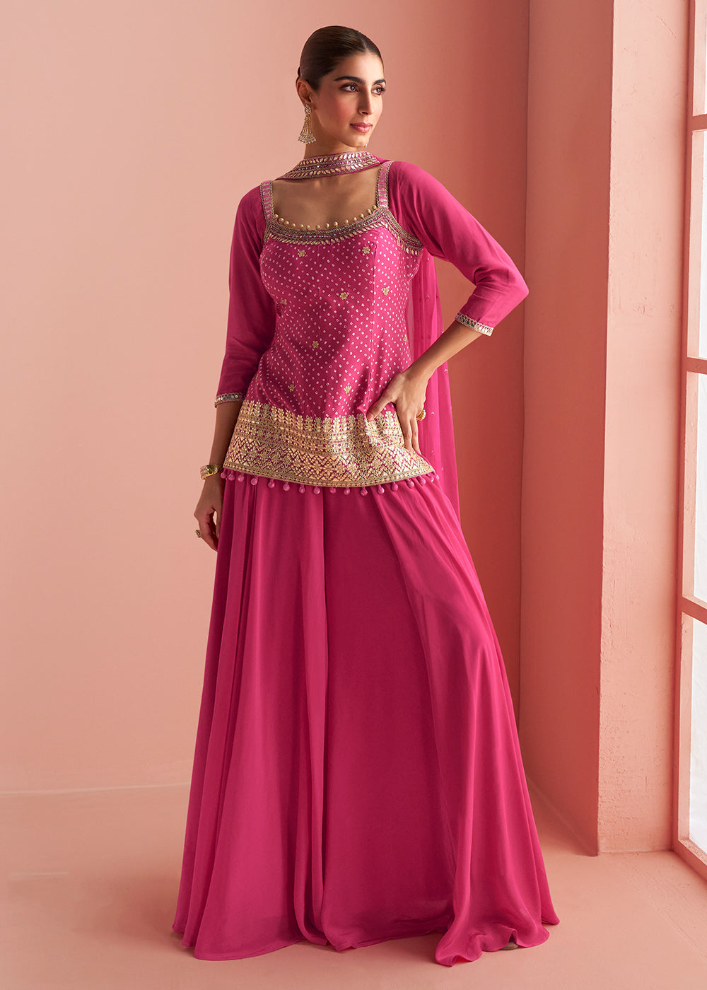 Buy Now Hot Pink Short Shirt Style Trendy Palazzo Suit Online in US, UK, Canada, Germany, Italy, France, Austria, Denmark, Australia & Worldwide at Empress.