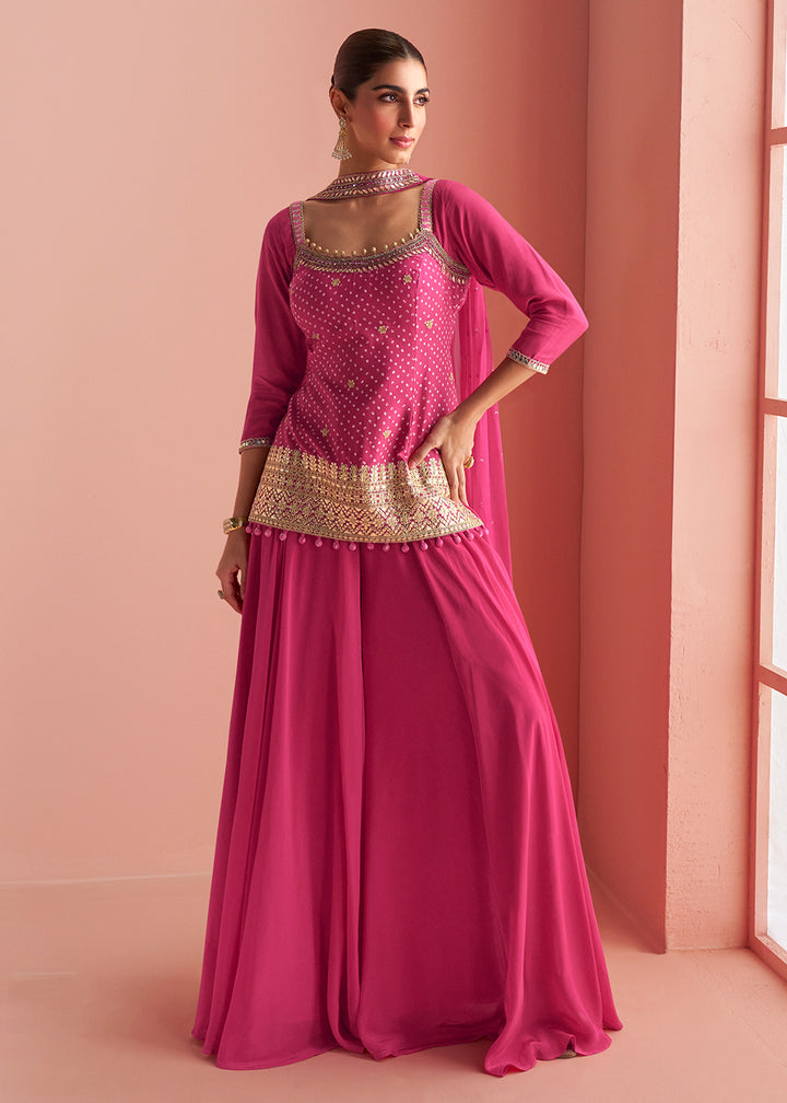 Buy Now Hot Pink Short Shirt Style Trendy Palazzo Suit Online in US, UK, Canada, Germany, Italy, France, Austria, Denmark, Australia & Worldwide at Empress.