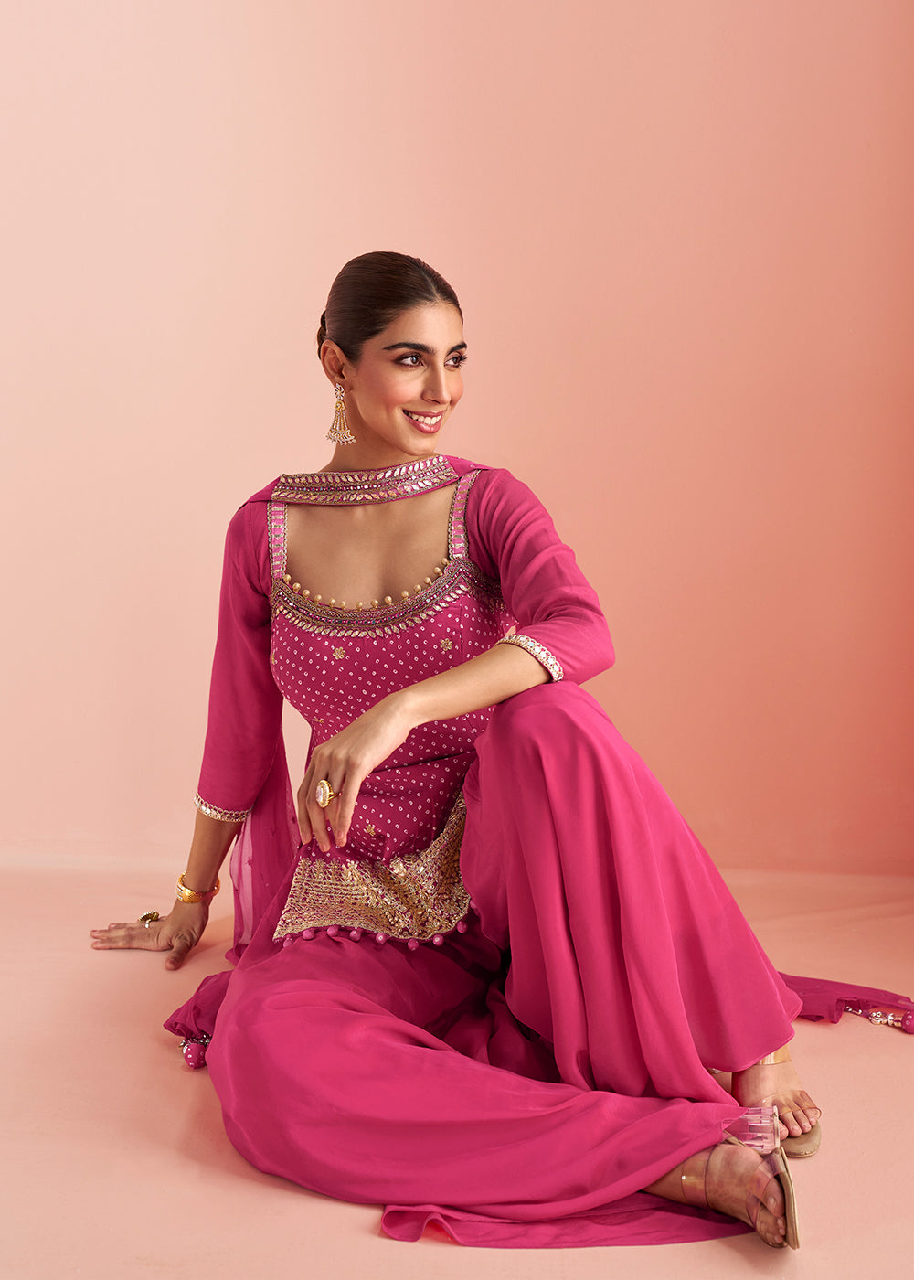 Buy Now Hot Pink Short Shirt Style Trendy Palazzo Suit Online in US, UK, Canada, Germany, Italy, France, Austria, Denmark, Australia & Worldwide at Empress.