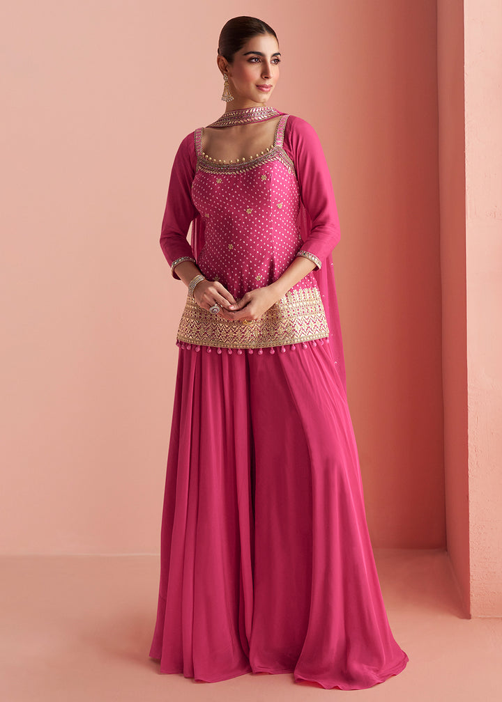 Buy Now Hot Pink Short Shirt Style Trendy Palazzo Suit Online in US, UK, Canada, Germany, Italy, France, Austria, Denmark, Australia & Worldwide at Empress.