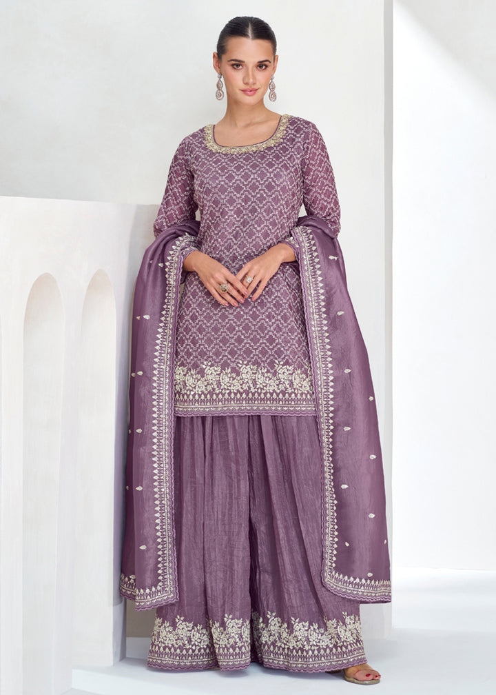 Shop Now Designer Mauve Embroidered Festive Gharara Suit Online at Empress Clothing in USA, UK, Canada, Germany, Australia & Worldwide.