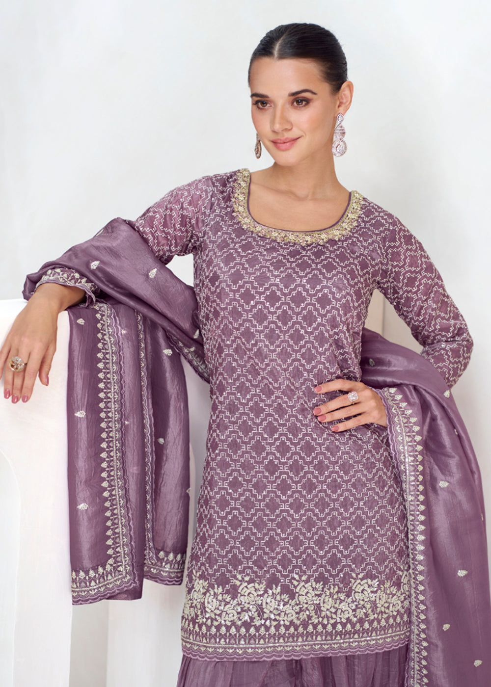 Shop Now Designer Mauve Embroidered Festive Gharara Suit Online at Empress Clothing in USA, UK, Canada, Germany, Australia & Worldwide.