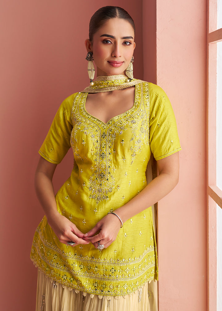 Buy Now Lime Yellow Short Shirt Style Trendy Palazzo Suit Online in US, UK, Canada, Germany, Italy, France, Austria, Denmark, Australia & Worldwide at Empress.