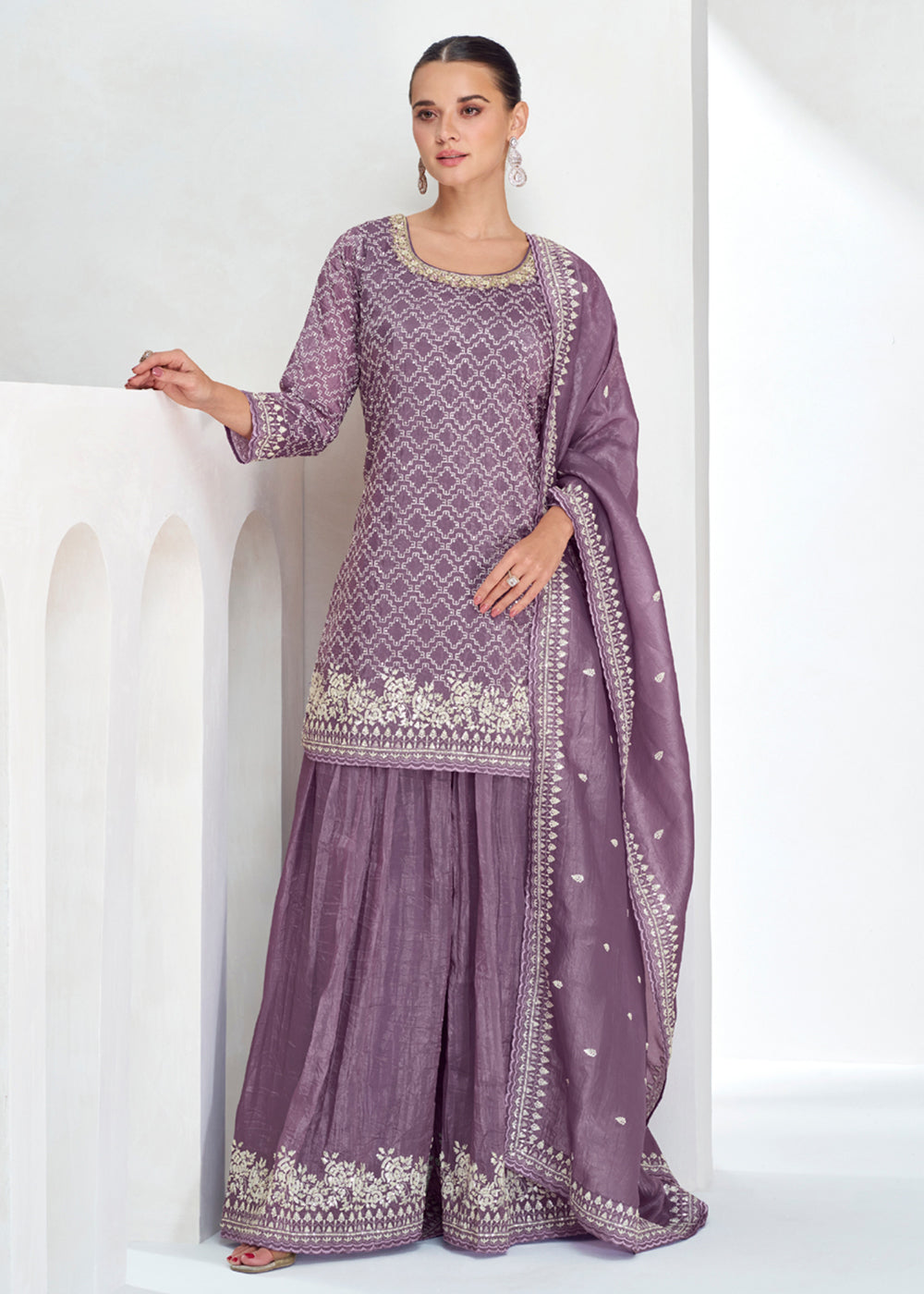 Shop Now Designer Mauve Embroidered Festive Gharara Suit Online at Empress Clothing in USA, UK, Canada, Germany, Australia & Worldwide.