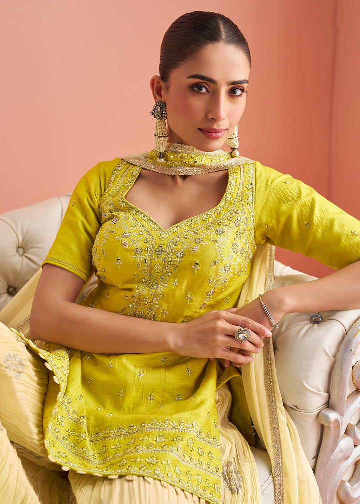 Buy Now Lime Yellow Short Shirt Style Trendy Palazzo Suit Online in US, UK, Canada, Germany, Italy, France, Austria, Denmark, Australia & Worldwide at Empress.