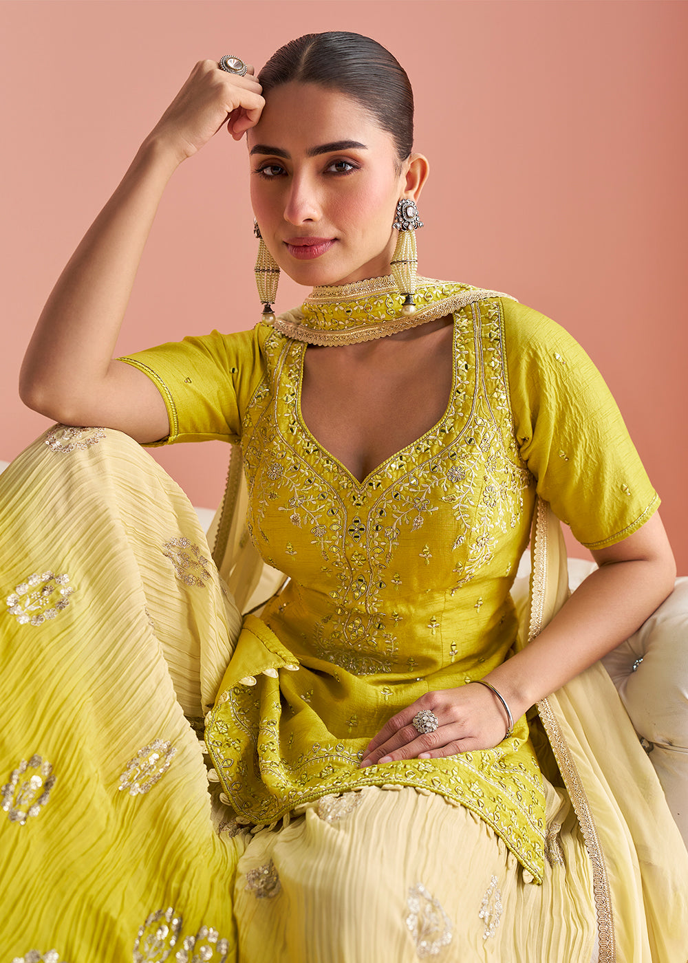 Buy Now Lime Yellow Short Shirt Style Trendy Palazzo Suit Online in US, UK, Canada, Germany, Italy, France, Austria, Denmark, Australia & Worldwide at Empress.