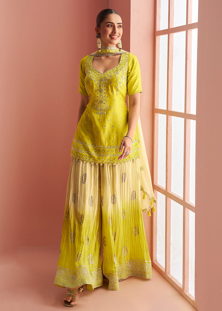 Buy Now Lime Yellow Short Shirt Style Trendy Palazzo Suit Online in US, UK, Canada, Germany, Italy, France, Austria, Denmark, Australia & Worldwide at Empress.