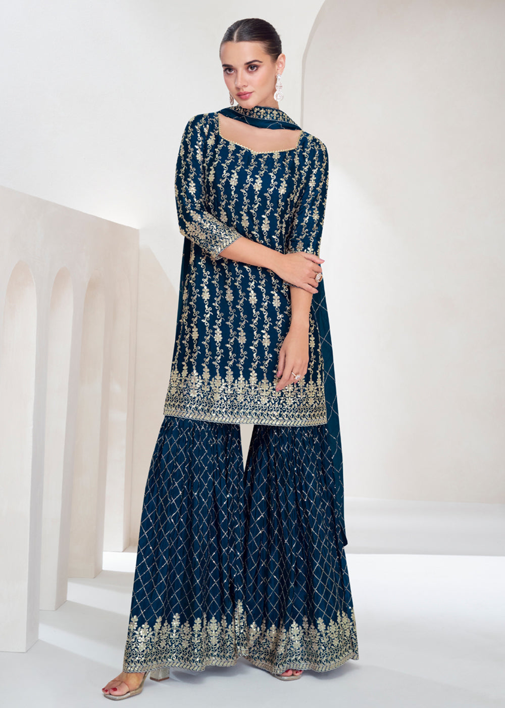 Shop Now Designer Prussian Blue Embroidered Festive Gharara Suit Online at Empress Clothing in USA, UK, Canada, Germany, Australia & Worldwide.