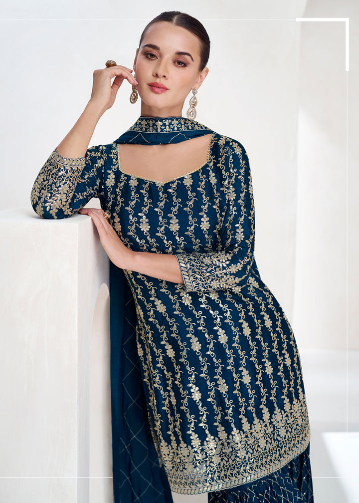 Shop Now Designer Prussian Blue Embroidered Festive Gharara Suit Online at Empress Clothing in USA, UK, Canada, Germany, Australia & Worldwide.