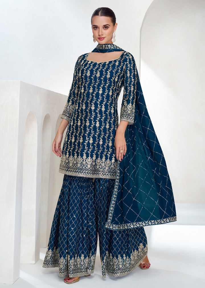 Shop Now Designer Prussian Blue Embroidered Festive Gharara Suit Online at Empress Clothing in USA, UK, Canada, Germany, Australia & Worldwide.