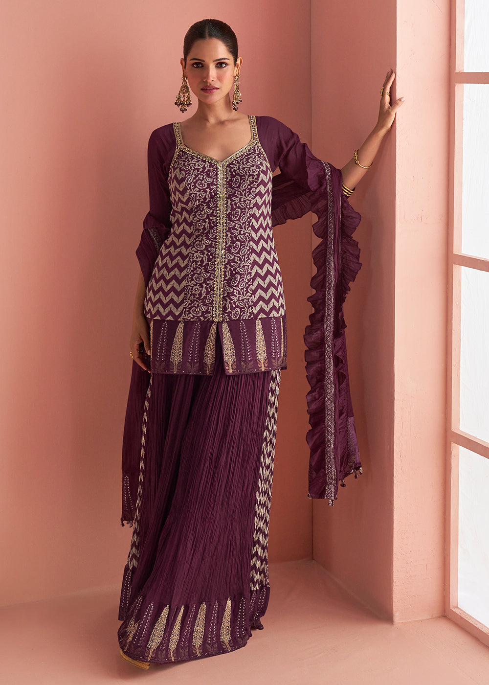 Buy Now Wine Purple Short Shirt Style Trendy Palazzo Suit Online in US, UK, Canada, Germany, Italy, France, Austria, Denmark, Australia & Worldwide at Empress.